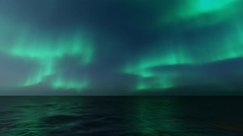 Animated Northern Lights Aurora Borealis over Dark Ocean Waters