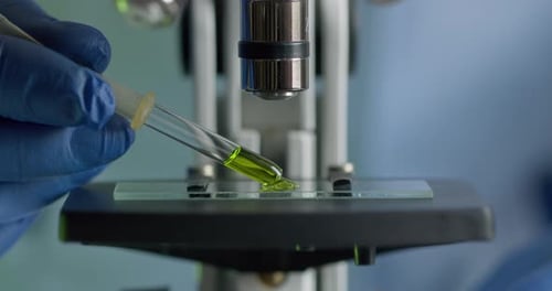 Close-up Shooting. A Medical Worker Is Applying a Test Substance on the Microscope Slide