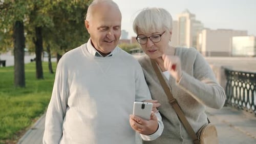 Casal sênior fazendo videochamada on-line falando andando na rua da cidade no dia de verão