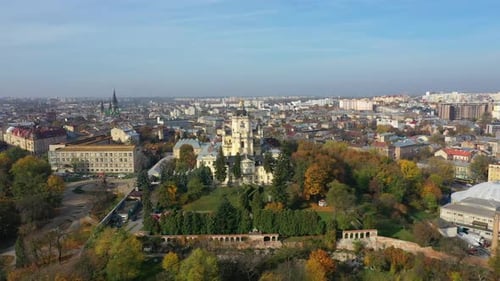 Aerial Video of Saint Yura Church in Central Part of Old City of Lviv, Ukraine