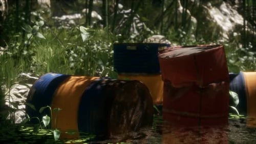 Rusty Barrels in Green Forest