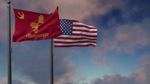 Waving Albuquerque Flag with Communist Symbols and US Flag
