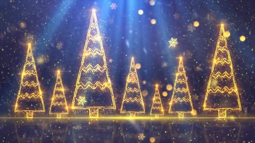Golden Christmas Tree Lights with Falling Snowflakes Background