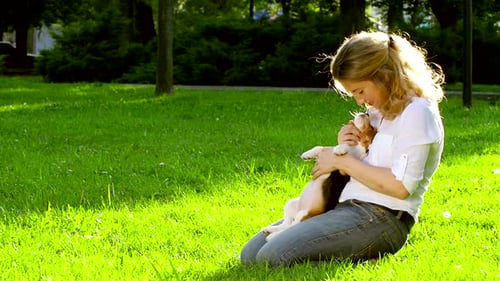 Woman Cuddling Adorable Beagle Puppy in Park