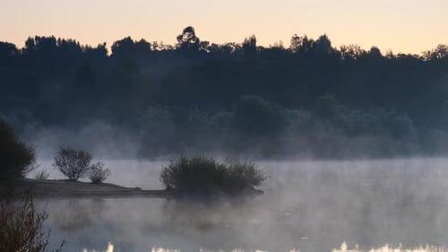 Morning Fog Over Autumn Lake Water, Portugal