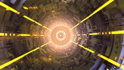 Futuristic Cyber Tunnel Flythrough with Glowing Technology Beams