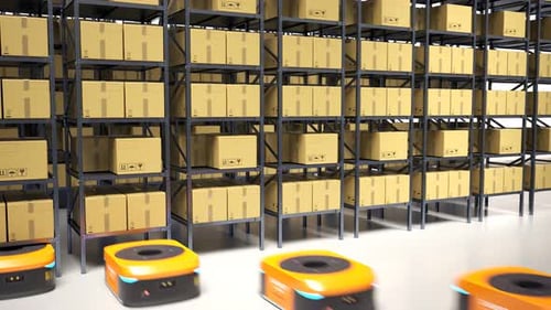 Warehouse industry autonomic robots carrying metal shelves with cardboard boxes.