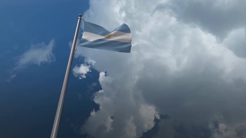 Argentina Flag Waving on Flagpole with Moving Clouds
