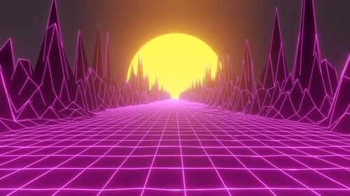 Retro Synthwave Grid Road and Wireframe Mountains