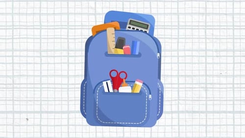 Animación de una mochila escolar con una cuadrícula azul sobre un fondo blanco