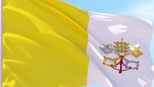 Realistic Vatican City Flag Waving Against Blue Sky