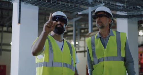 Hombres constructores con gafas que examinan el techo