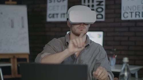 Designer Wearing Vr Goggles. Programmer Using Vr Glasses in Dark Office