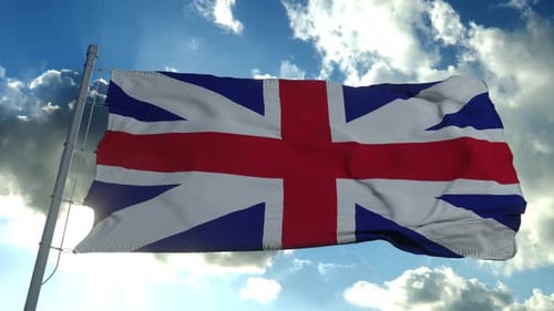 United Kingdom Flag Waving Seamlessly with Clouds in Blue Sky