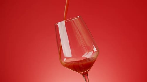Delicious Tomato Juice Poured Into a Glass on a Red Background
