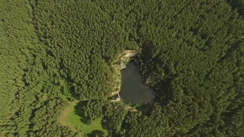 Small lake and talc rock in the forest. Aerial 04