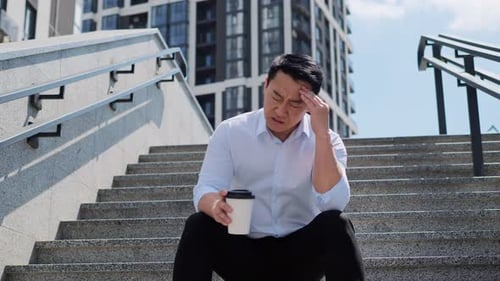 Hombre adulto cansado asiático deprimido sentado en las escaleras con dolor de cabeza