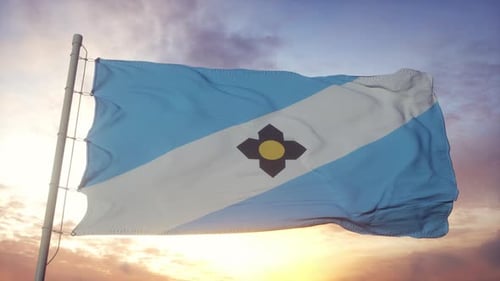 Madison City Flag Wisconsin Waving in the Wind Sky and Sun Background