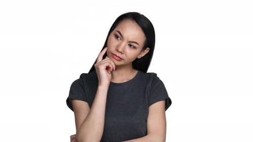 Thoughtful Young Woman has Idea on White Background