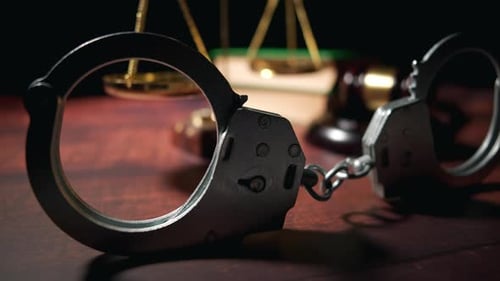 Imagem aproximada de um juiz Gavel com algemas e uma balança de justiça