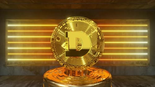 Rotating Dogecoin in a Futuristic Future Room with Neon Lighting