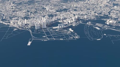 City of Singapore. stylized animation of the city view from a cruising altitude