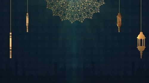 Beautiful 4k eid mubarak islamic design concept with hanging ramadan candle lantern and mosque.