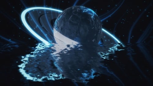Futuristic Neon Planet with Rings Reflected in Water