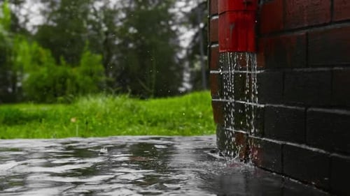 Rainwater Flowing from Red Downspout on Wet Day