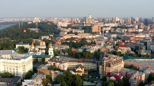 Top view of the center of the capital of Ukraine. Evening view of the houses. Beautiful flight.