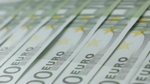 European Union paper money in a row close-up 4K 2160p 30fps UltraHD panning footage - Hundred euro
