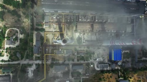 Manufacturing Factory with Smokestacks. Aerial View of Power Plant