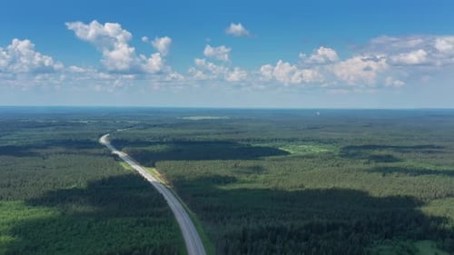 Luftaufnahme von oben auf Landstraße im Wald