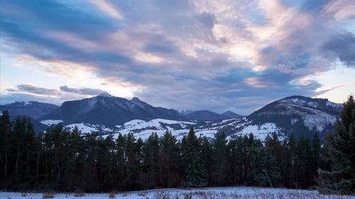 Winter mountain rural landscape. Colour Clouds at dusk. end of the day. Pines in the foreground. 4K