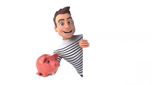 Lustige 3D-Zeichentrickfigur mit Sparschwein