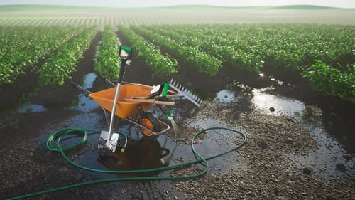 Garden tools gathered around a wheelbarrow in a beautiful, lush field. 4KHD