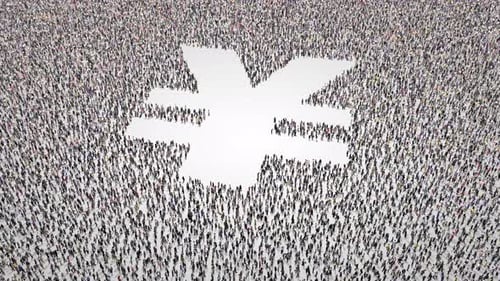 Crowd Of People Leaving Out A Yuan Symbol