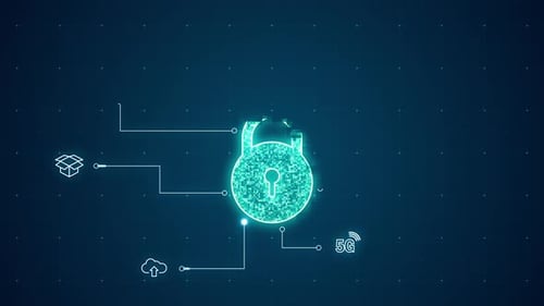 Clé de sécurité bleue avec transfert de données vers une technologie d'icônes futuriste, arrière-plan abstrait