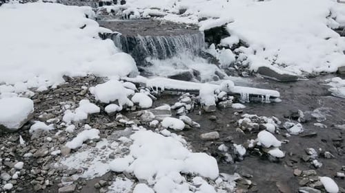 Aerial View Drone Moving Above the Frozen River in Mountains