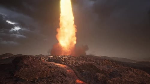 Abstract Energy Beam Descends on Volcanic Lava Landscape