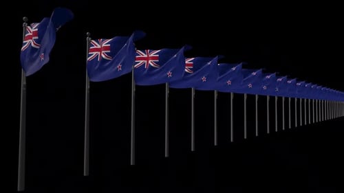 Waving New Zealand Flags in a Long Row Loop