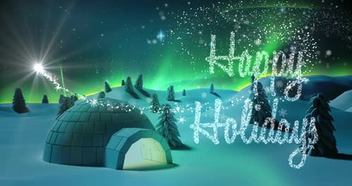 Illustration of igloo and snow covered trees on a snowy landscape 4k