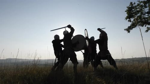 Medieval Warriors Fighting with Swords and Shields on Hilltop