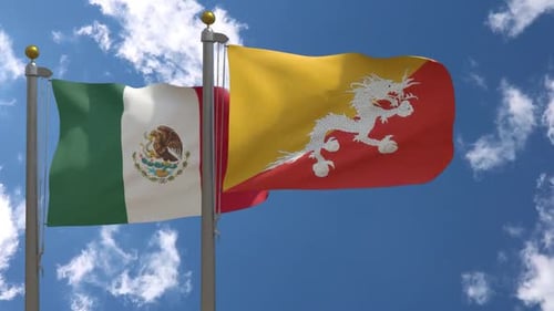 Mexico and Bhutan Flags Waving on Flagpoles