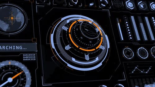 Head-up-Display-Technologie, Schnittstellenbildschirm mit futuristischen 3D-Elementen, Diagramm und Chat-Panel