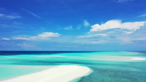 Aerial above nature of idyllic lagoon beach break by aqua blue sea and white sand background of a da