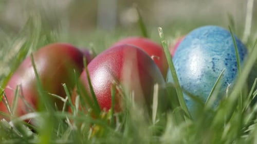 Pashal eggs in the garden shallow DOF 4K 2160p 30fps UltraHD footage - Traditional Easter painted