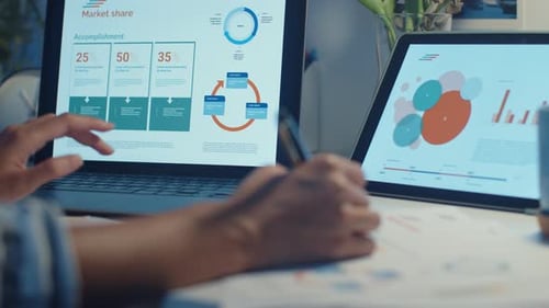 asia lady freelance focus on laptop write worksheet finance graph account chart market plan.