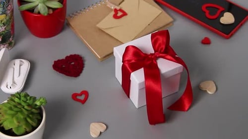 Gift Box with Red Bow and Decorations