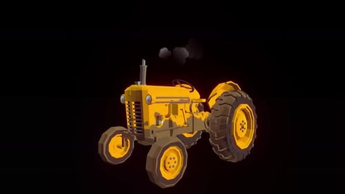Animated Low Poly Yellow Tractor with Smoke Effect